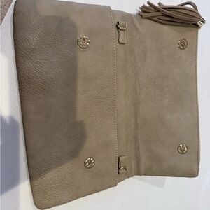 Deux Lux Beige  Fold-over Leather Clutch with Tassel * strap missing